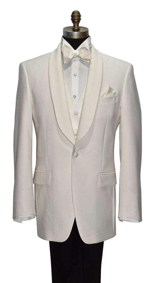 ivory shawl collar tuxedo with ivory vest and ivory "tie-yourself" bowtie against a white background