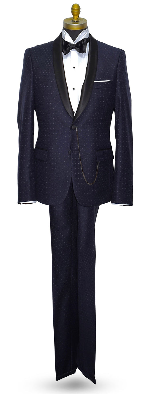 Navy-blue shawl collar tuxedo with a black bowtie on a mannequin against a white background