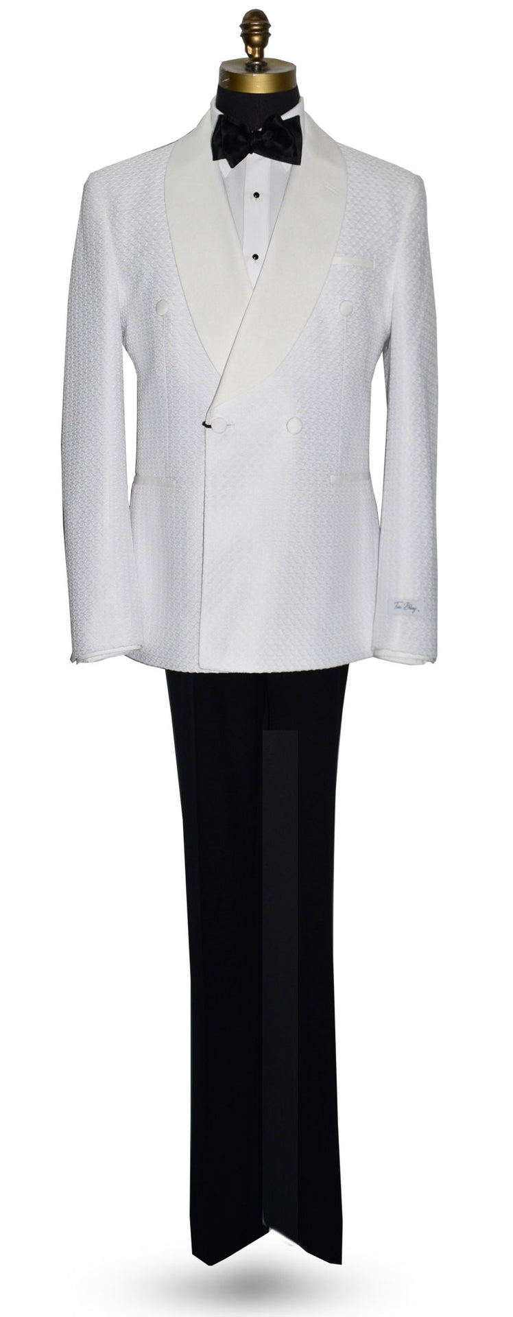 life size mannequin wearing off-white double breasted tuxedo jacket on a mannequin with a black bow tie against a white background