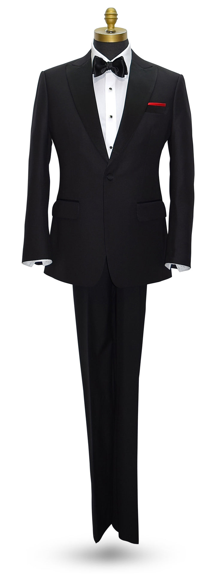 Black peak lapel tuxedo with white shirt and bow tie on a mannequin against a white background