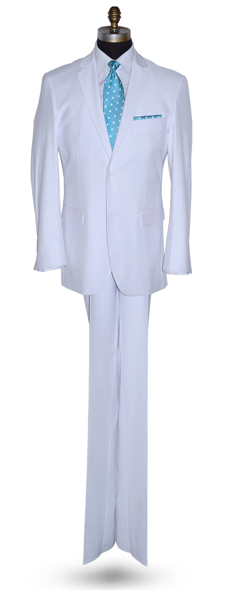 White suit with a blue tie on a white background