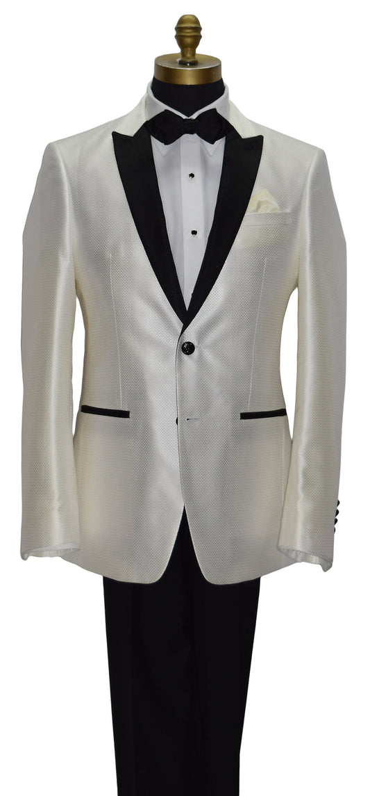 White tuxedo with black lapels wearing a black diamond tipped bowtie on a mannequin against a white background