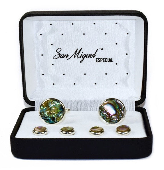 Abalone studs and cufflinks with gold setting in a display box with "San Miguel Especial" branding