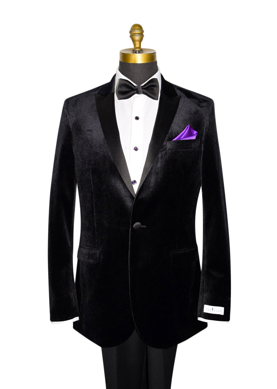 Mannequin wearing a Black velvet tuxedo with white shirt, black bow tie, and purple amethyst studs and cufflinks against a white background.