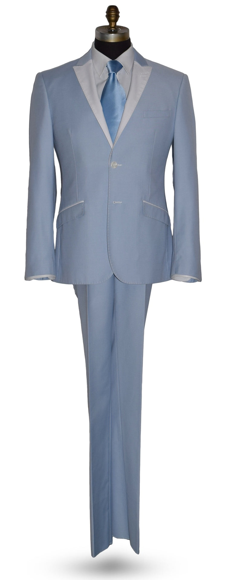 life size mannequin wearing a powder blue tuxedo with a baby blue silk necktie and mother-of-pearl studs and cufflinks against a white background
