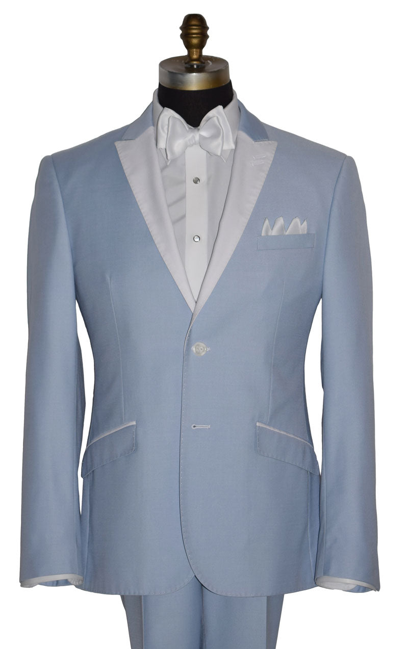 close-up life size mannequin wearing a powder blue tuxedo with a white tie-yourself bowtie and mother-of-pearl studs and cufflinks against a white background