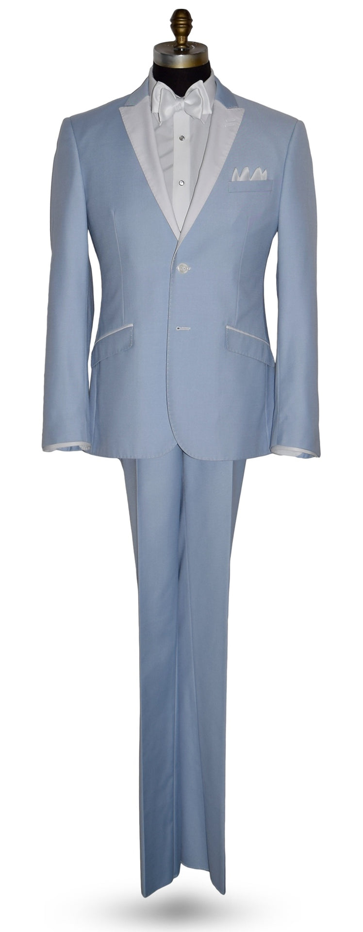 life size mannequin wearing a powder blue tuxedo with a white tie-yourself bowtie and mother-of-pearl studs and cufflinks against a white background