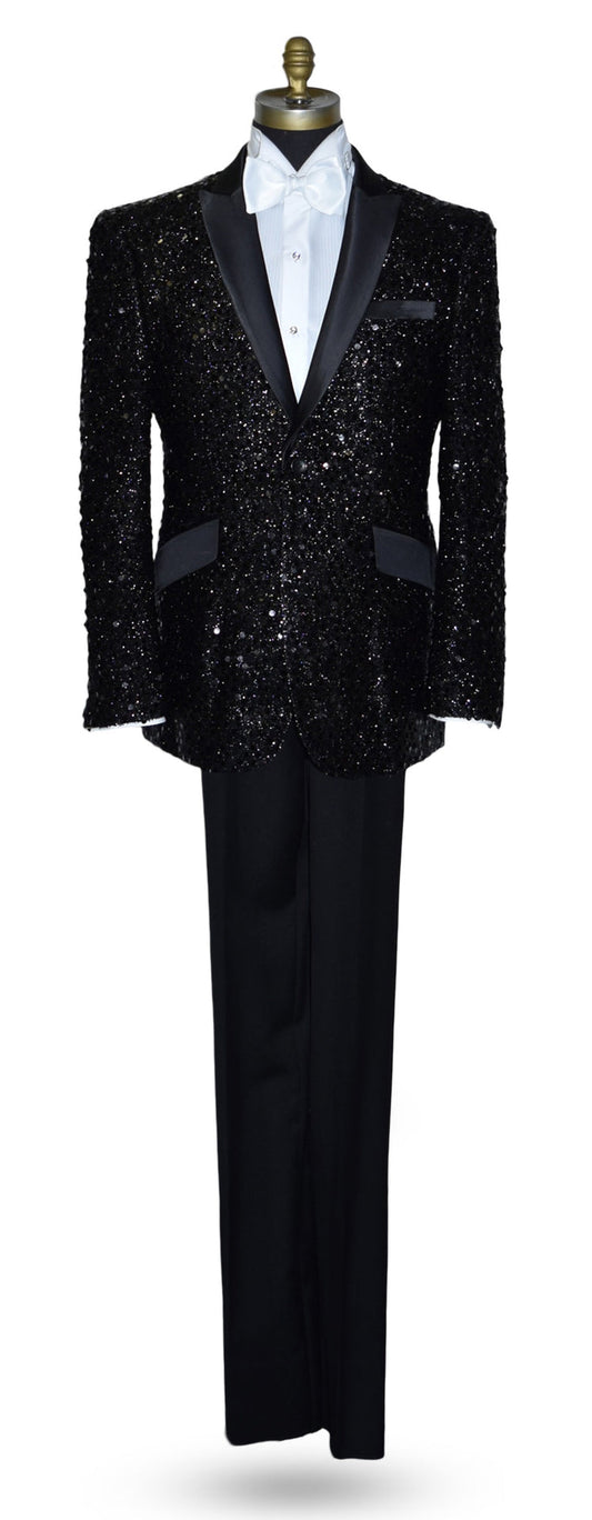 Black sequin tuxedo on a mannequin against a white background