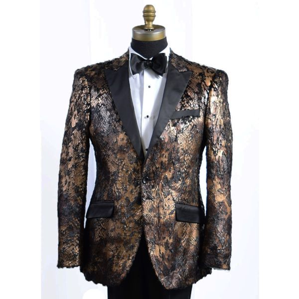 close-up gold and black tuxedo on a mannequin with a white shirt and black bowtie
