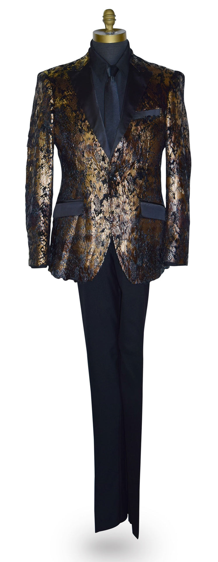 life size mannequin wearing a gold and black tuxedo with a black shirt and black long necktie aginst a white background