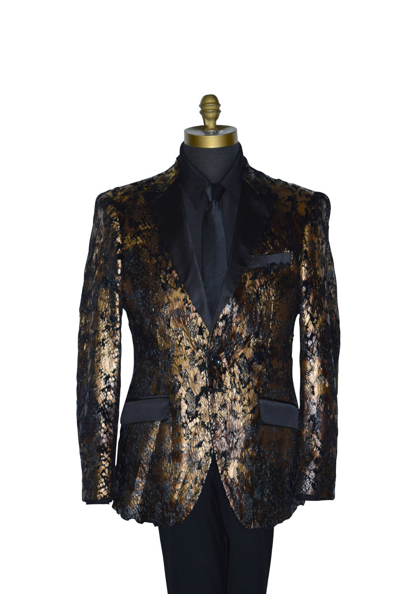 close-up life size mannequin wearing a gold and black tuxedo with a black shirt and black long necktie against a white background-up 