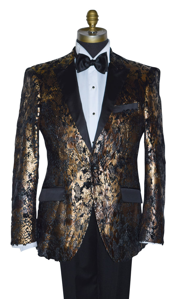 gold and black tuxedo jacket on a mannequin with a black bowtie and white tuxedo shirt against a white background