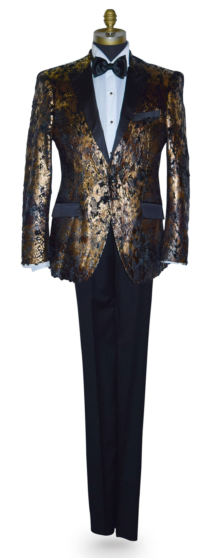 Gold and black tuxedo jacket with black pants on a mannequin against a white background