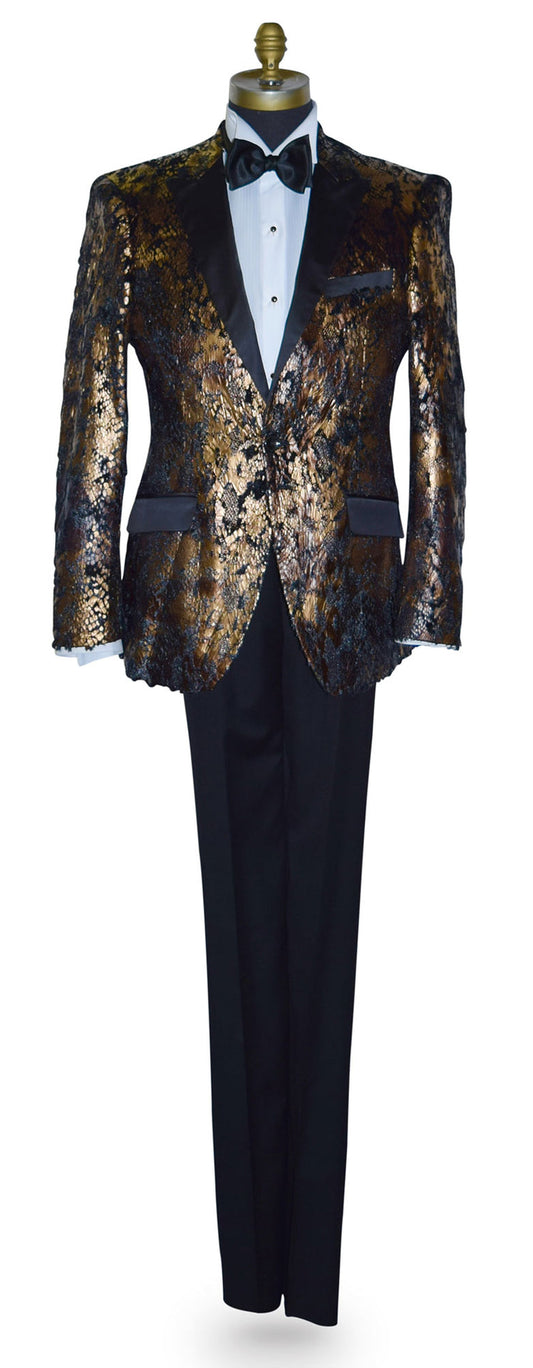 Gold and black tuxedo jacket with black pants on a mannequin against a white background