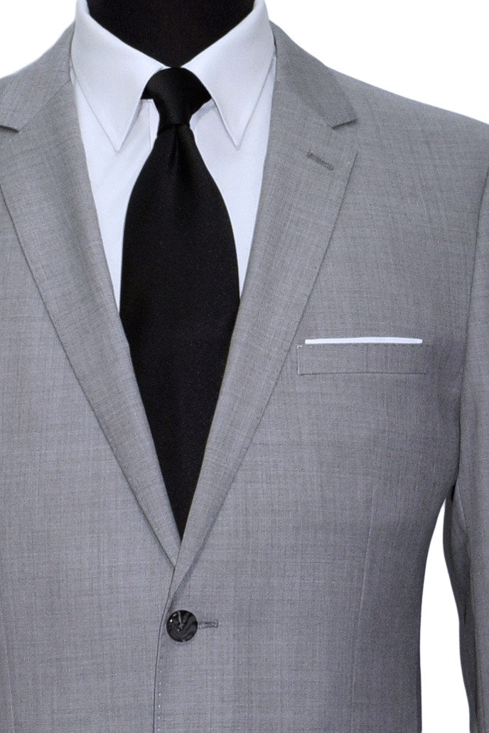 Men's gray suit jacket with a black silk necktie and white shirt on a white background