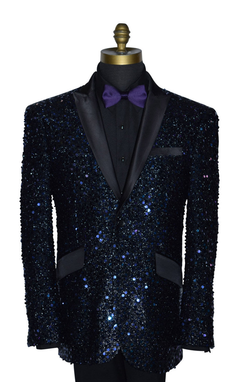close-up Black and purple sequin tuxedo on a mannequin wearing a black shirt and purple bowtie against a white background
