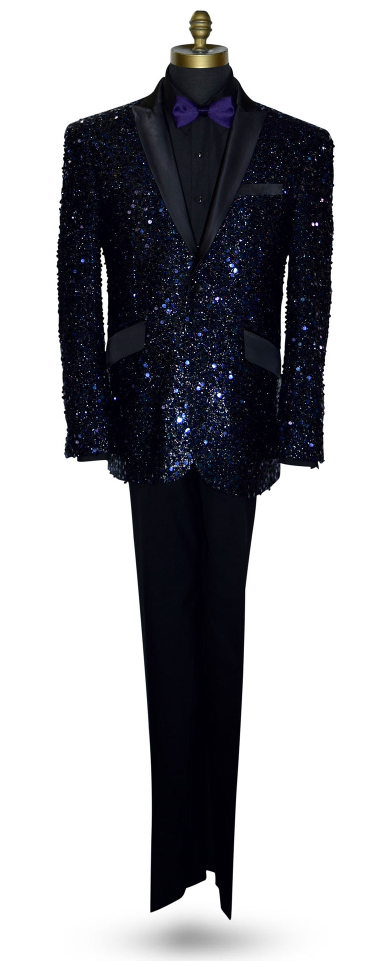 Black and purple sequin tuxedo on a mannequin wearing a black shirt and purple bowtie against a white background