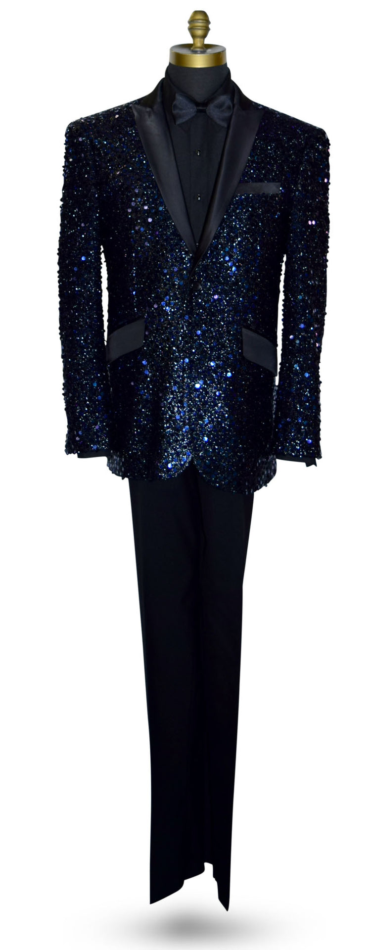 Black and purple sequin tuxedo on a mannequin wearing a black shirt and black bowtie against a white background