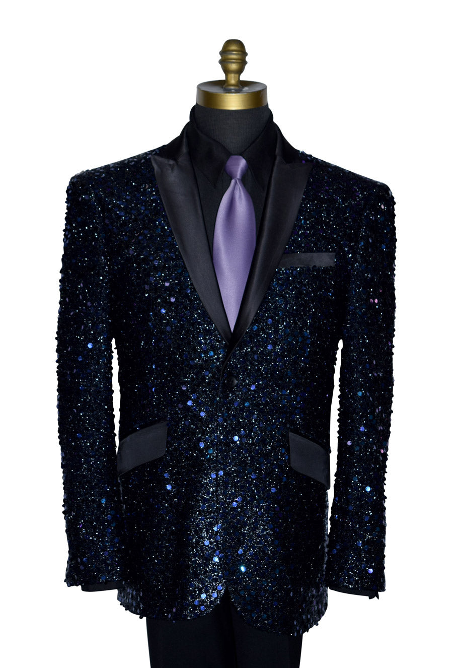 close-up Black and purple sequin tuxedo jacket with a purple tie on a mannequin against a white background