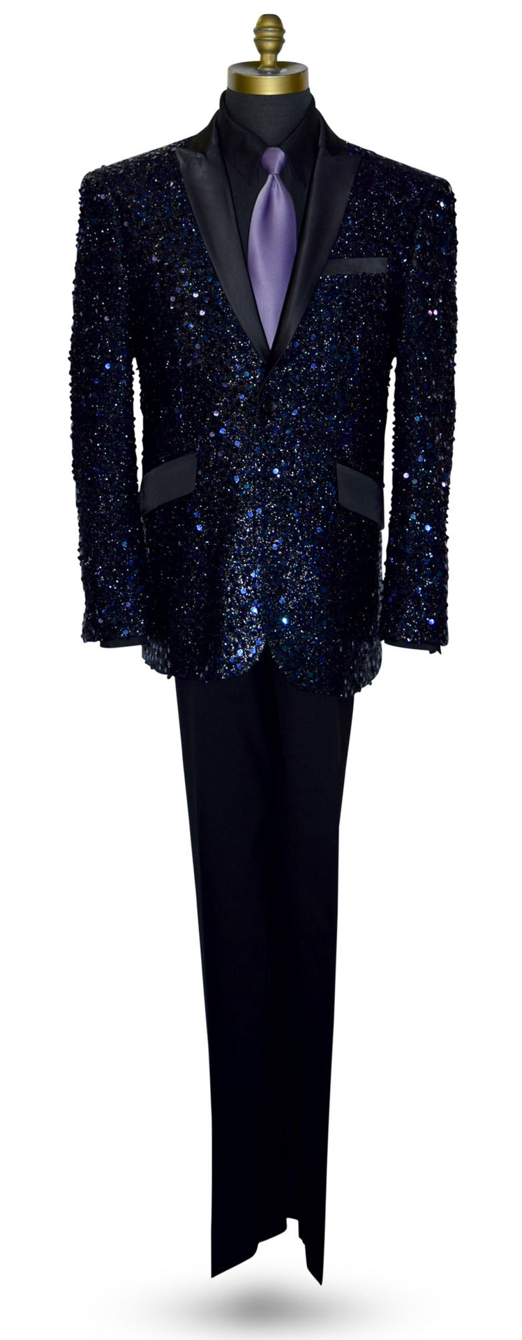 Black and purple sequin tuxedo with a purple tie on a mannequin against a white background