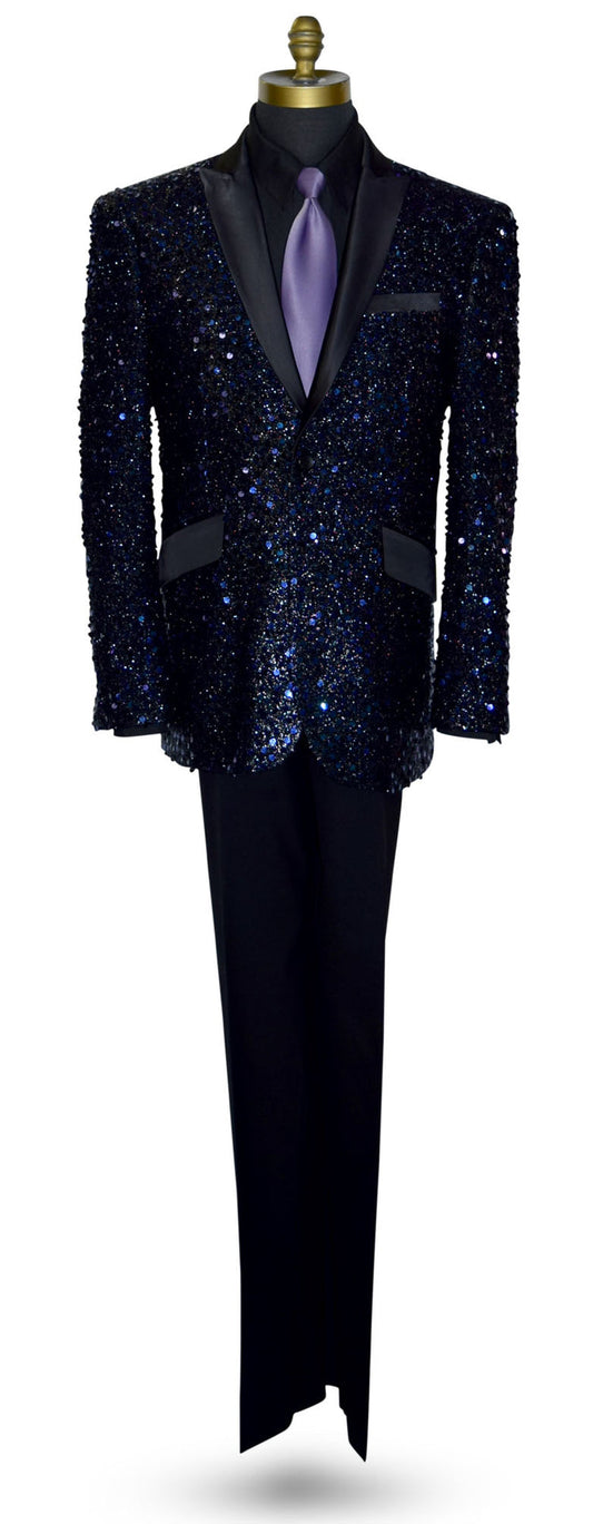 Black and purple sequin tuxedo with a purple tie on a mannequin against a white background