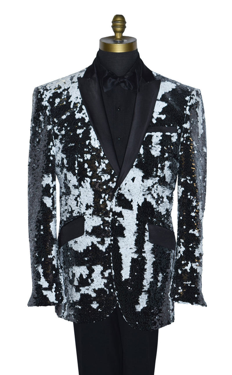 close-up Black and white sequin jacket on a mannequin with a black tuxedo shirt and black bowtie against a white background