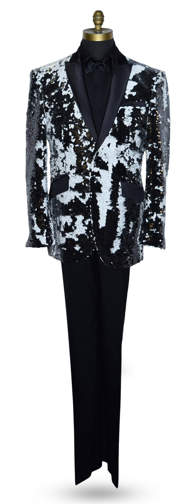 Black and white sequin jacket on a mannequin against a white background