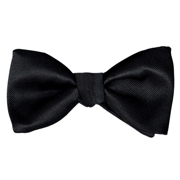 A pre-tied black satin bowtie with a slight twill texture.