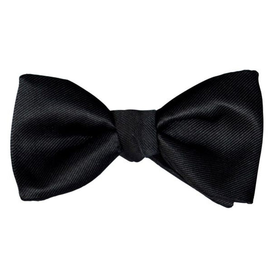 A pre-tied black satin bowtie with a slight twill texture.