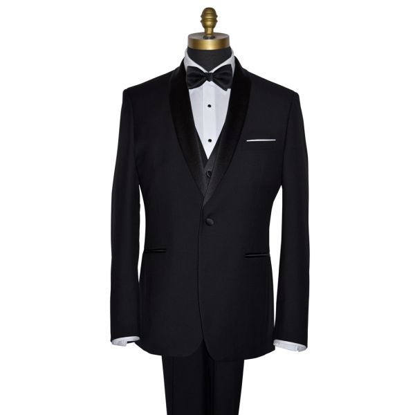 mannequin wearing a black tuxedo with a white tuxedo shirt and black bowtie with slight texture on a white background