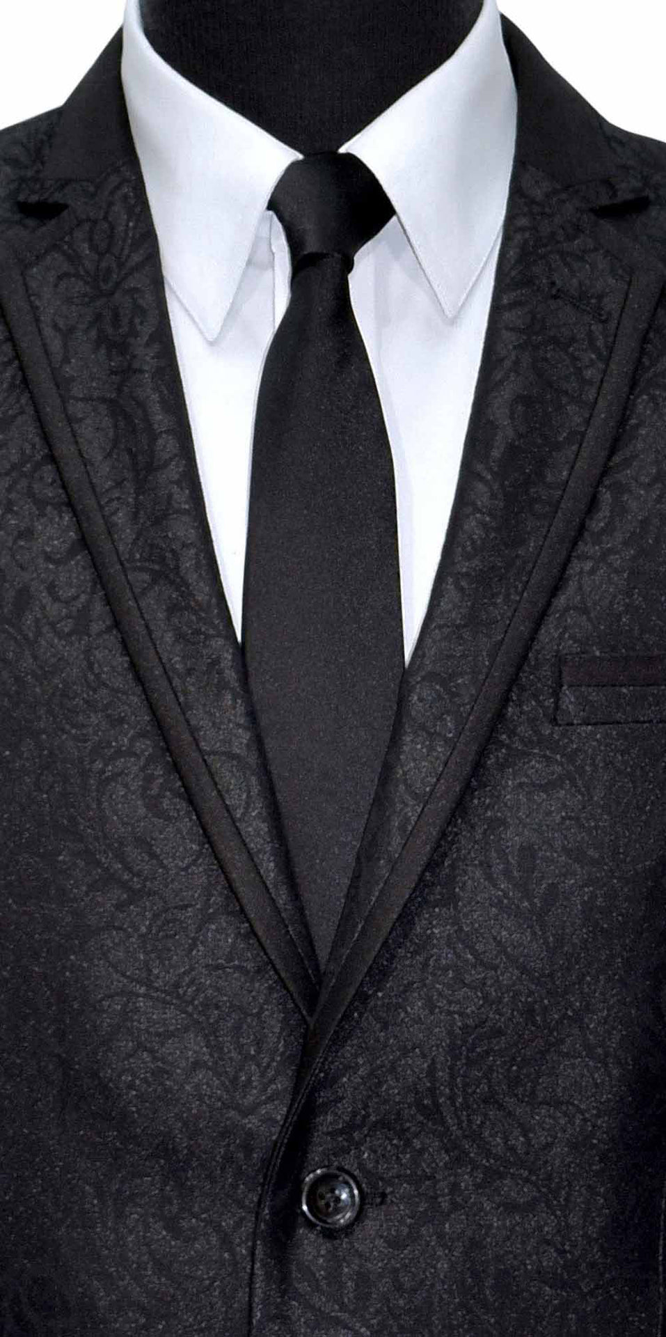 Black patterned suit jacket with a white shirt and black tie on a white background