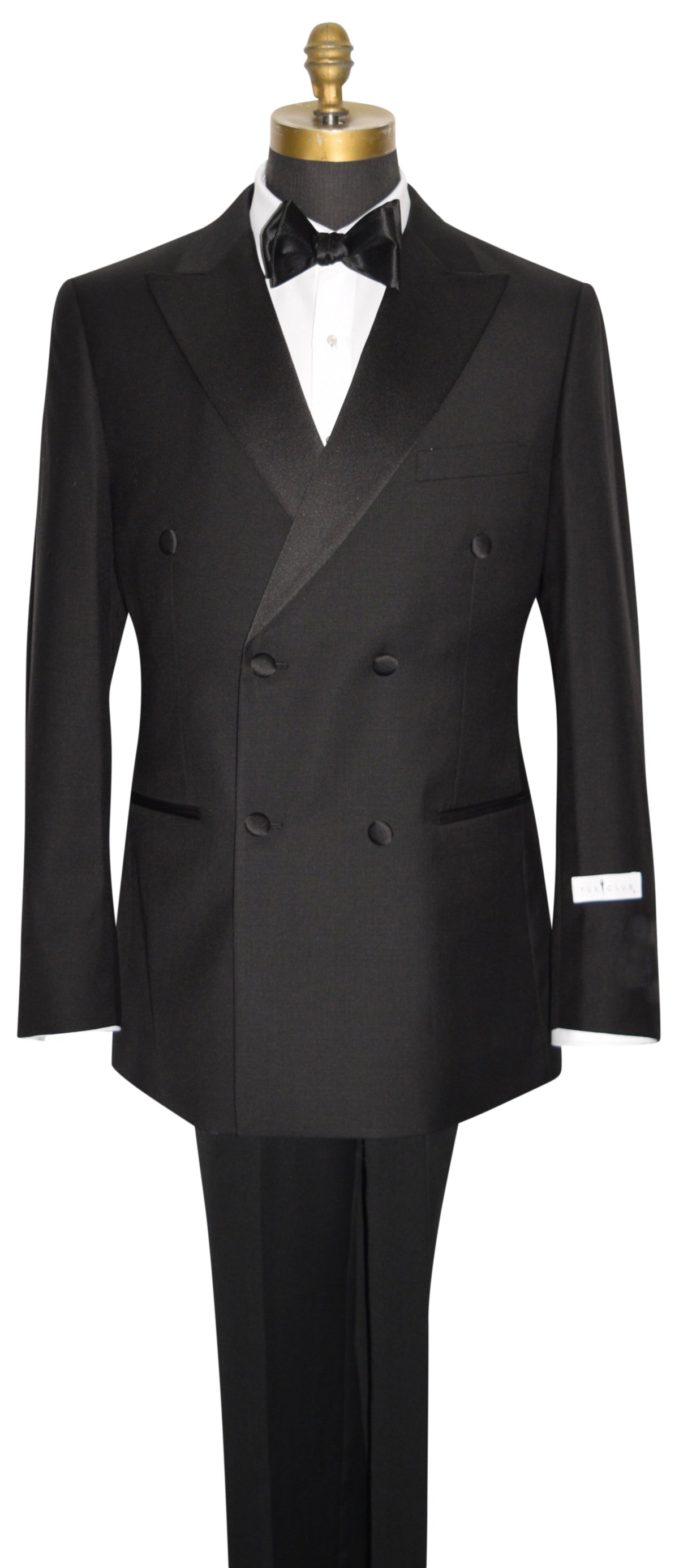 black double breasted tuxedo with bowtie against a white background