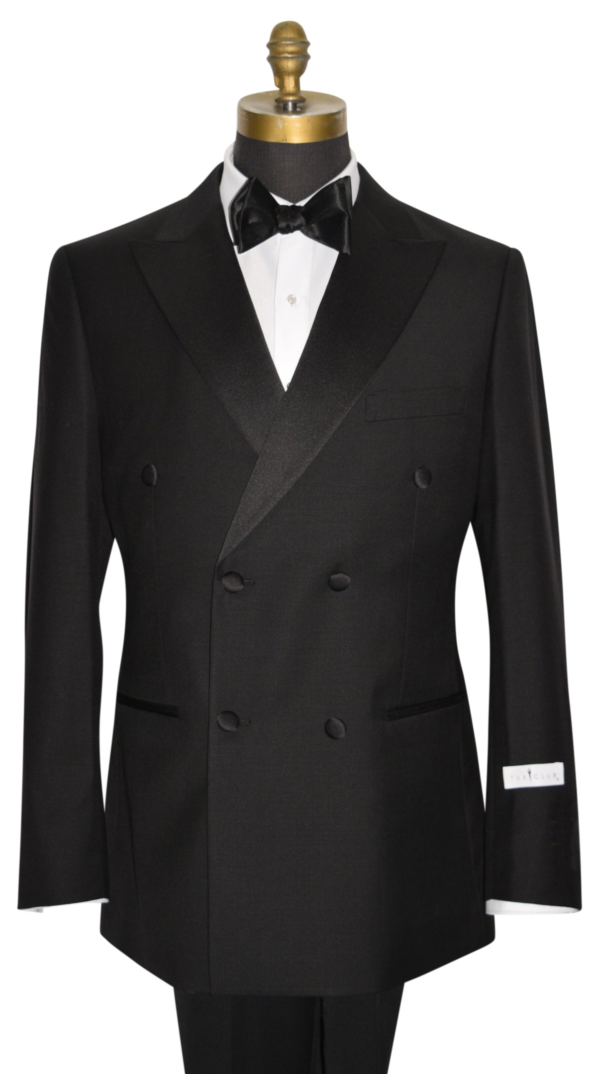 close-up black double breasted tuxedo against a white background