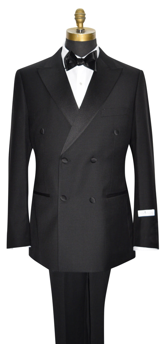mannequin wearing a black double breasted tuxedo with a black bowtie against a white background