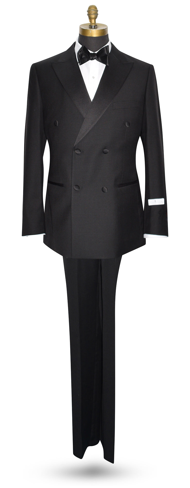 life size mannequin wearing a black double breasted tuxedo with a white tuxedo shirt and black bowtie against a white background