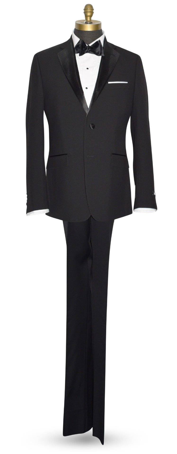full length mannequin wearing a black notch lapel tuxedo with black satin bowtie by DKNY