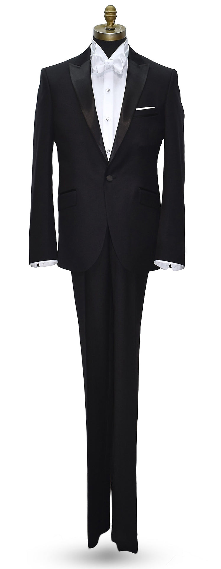 black peak lapel tuxedo with a white wing collar tuxedo shirt and a white "tie-yourself" bowtie on a mannequin against a white background