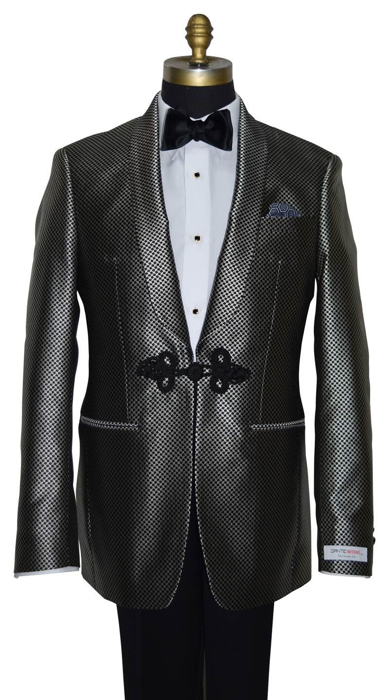mannequin wearing a tan tuxedo with a black satin "tie-yourself" bowtie