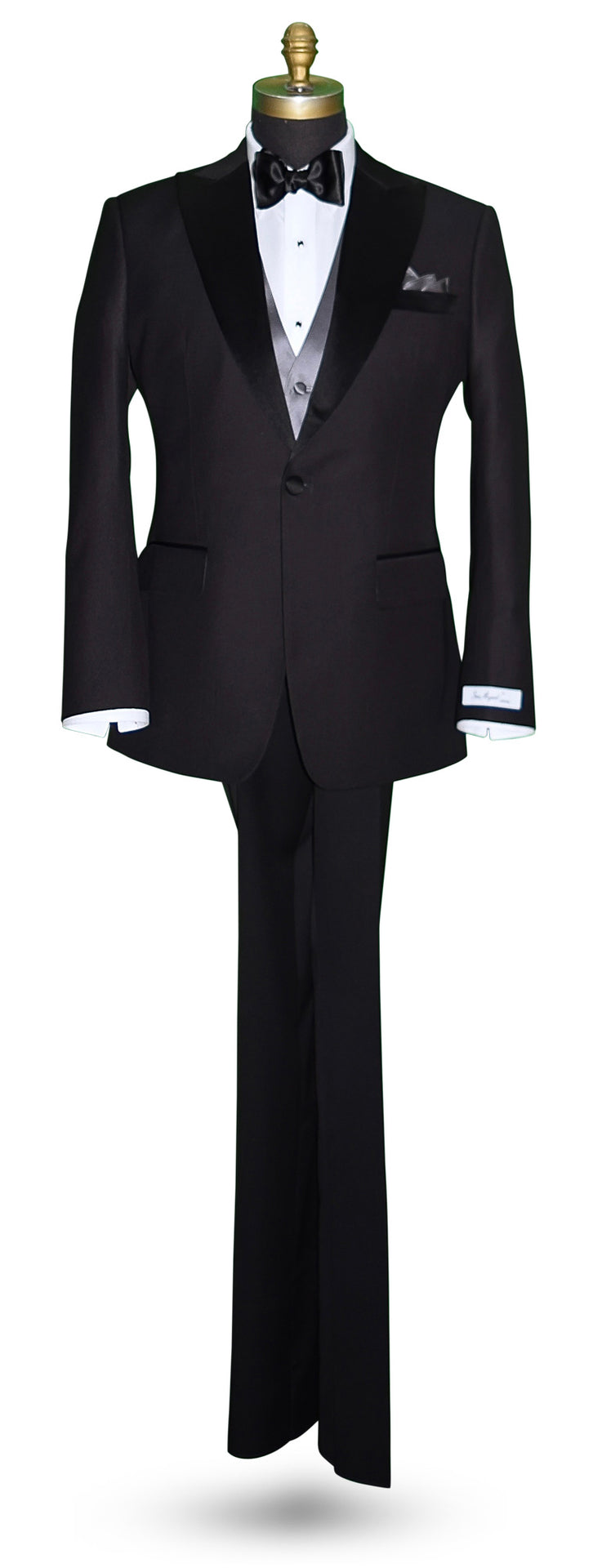 mannequin wearing a black tuxedo with a black satin "tie-yourself" bowtie against a white background