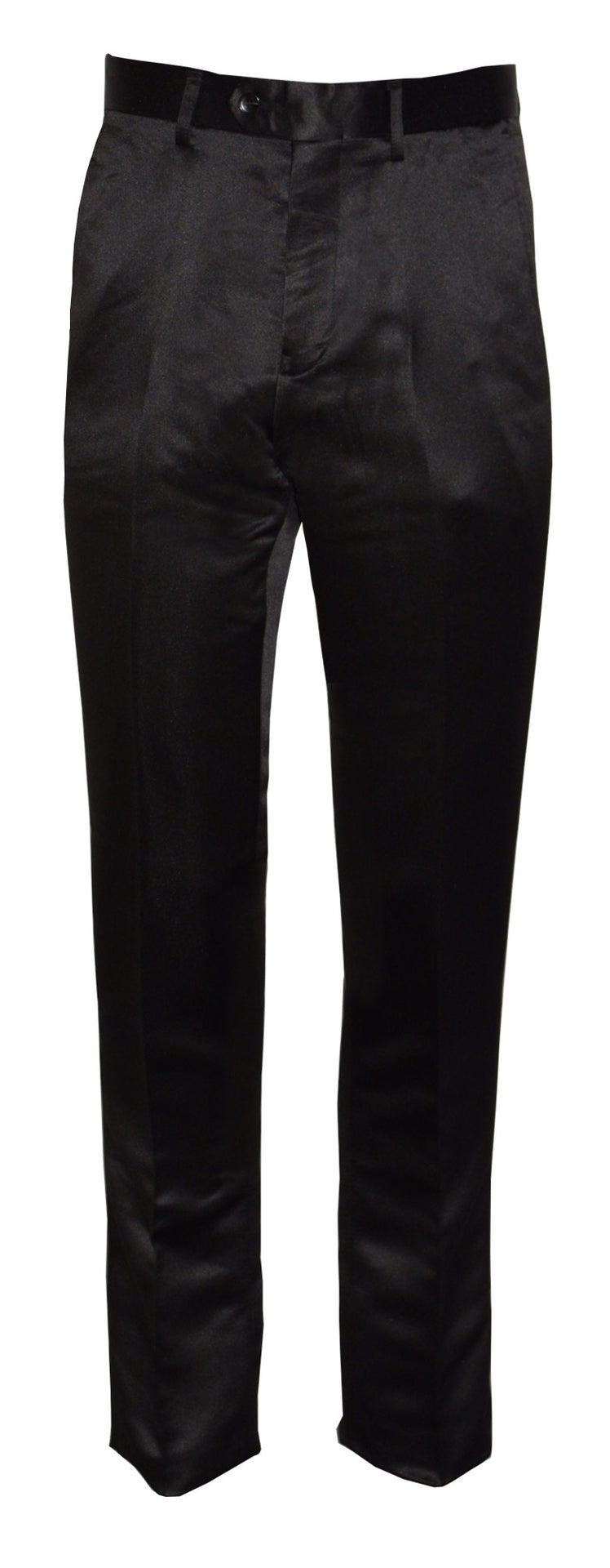 Black satin dress pants on a white background