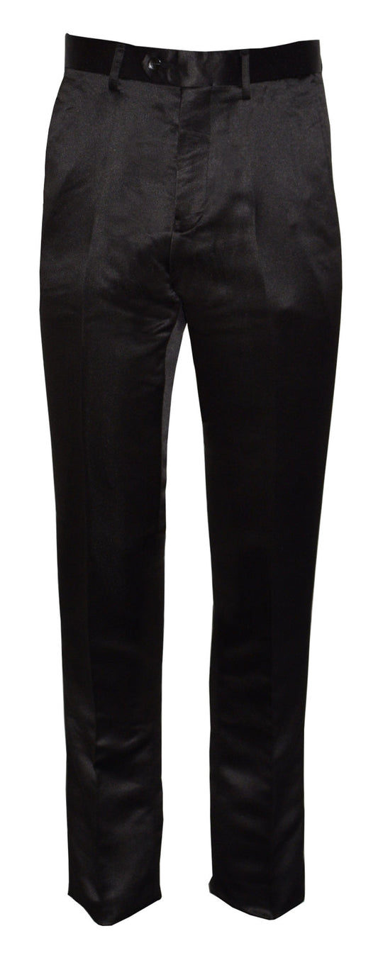 Black satin dress pants on a white background
