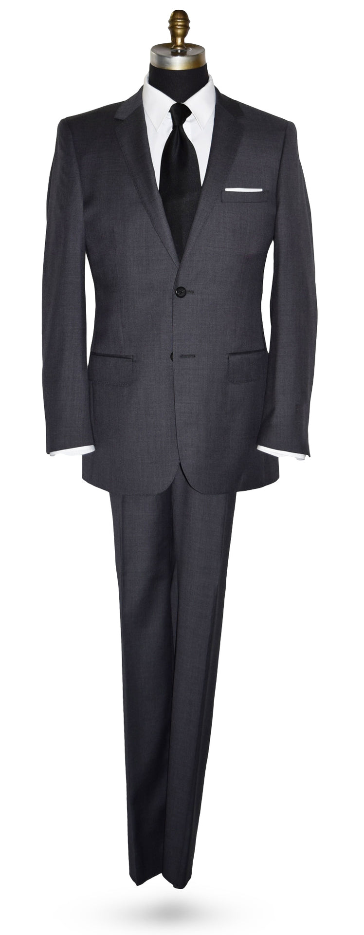 life size mannequin wearing a Charcoal men's suit with white shirt and black silk necktie on a mannequin against a white background