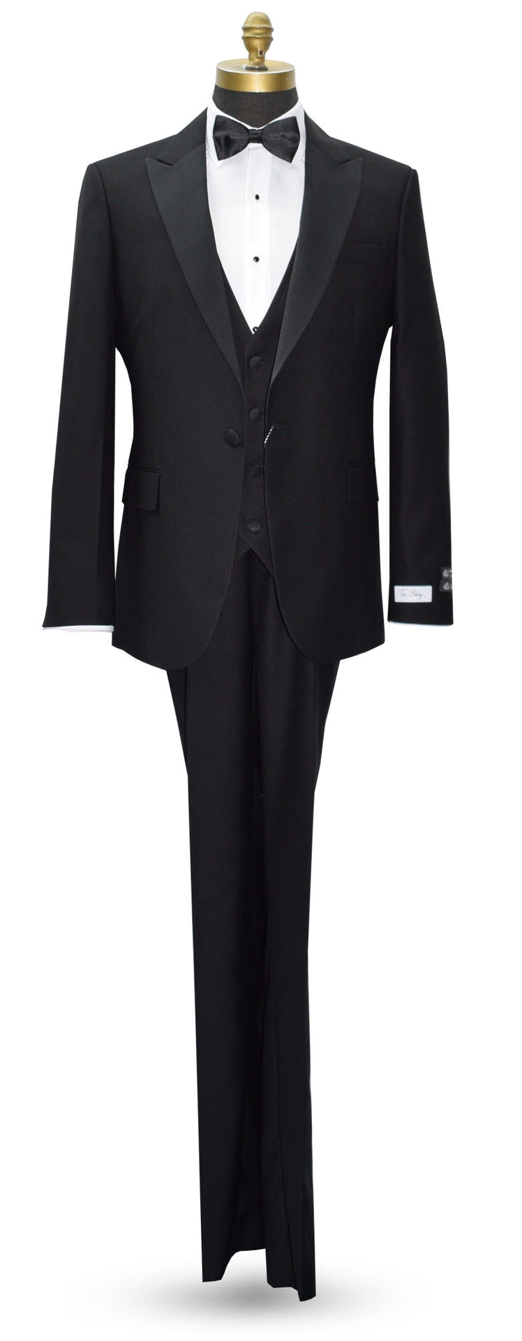 black 3 piece peak lapel tuxedo on a mannequin with a white tuxedo shirt and black bowtieand a "tux bling" branded label