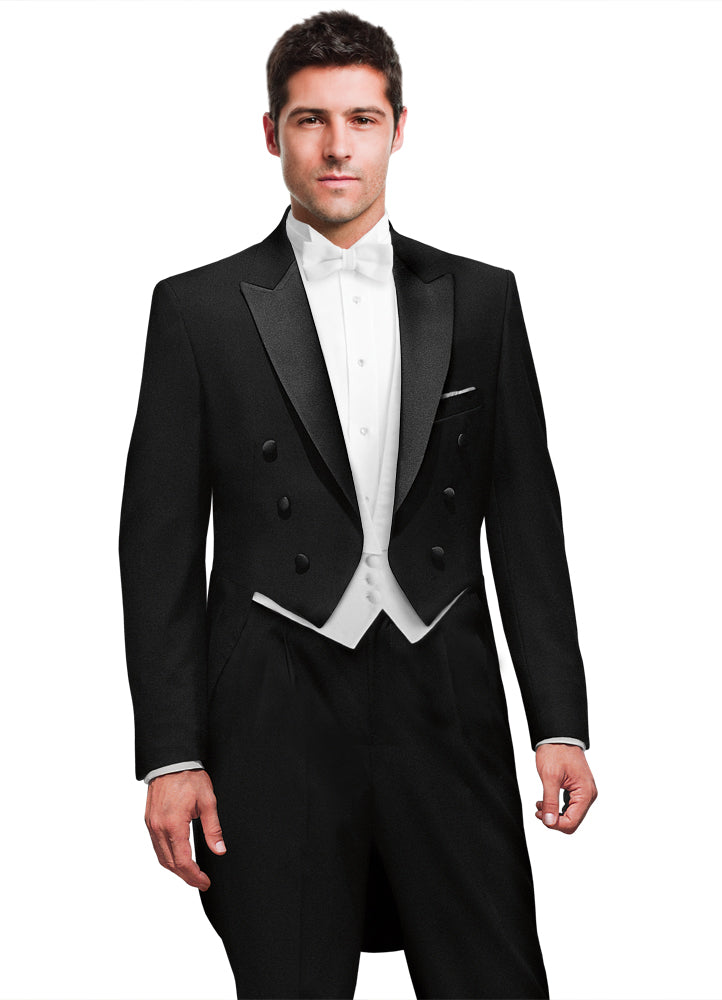 Man wearing black tailcoat with white vest and white bowtie against a white background