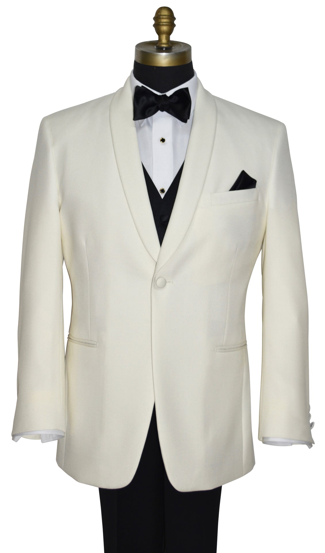 Ivory dinner jacket with black four-button vest and bow tie on a mannequin against a white background