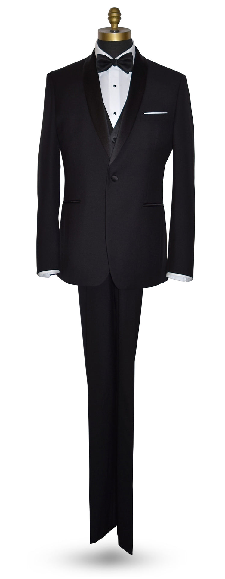 life size mannequin wearing a black shawl collar tuxedo with a white tuxedo shirt and a black bowtie with a black four-button tuxedo vest against a white background