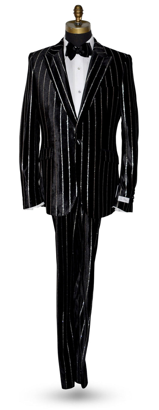 Black pinstripe suit on a mannequin against a white background
