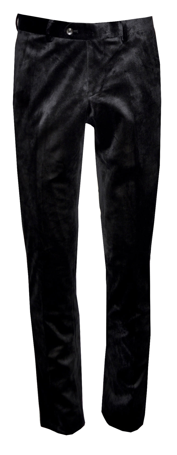 full length photo of black velvet slim fitting tuxedo pants