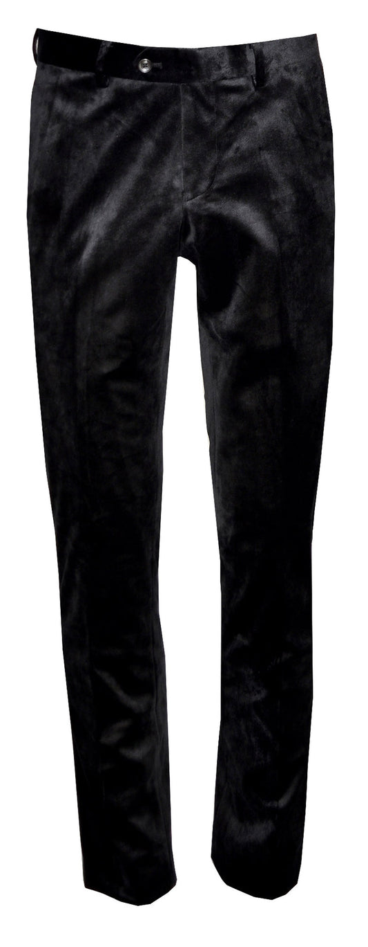 full length photo of black velvet slim fitting tuxedo pants