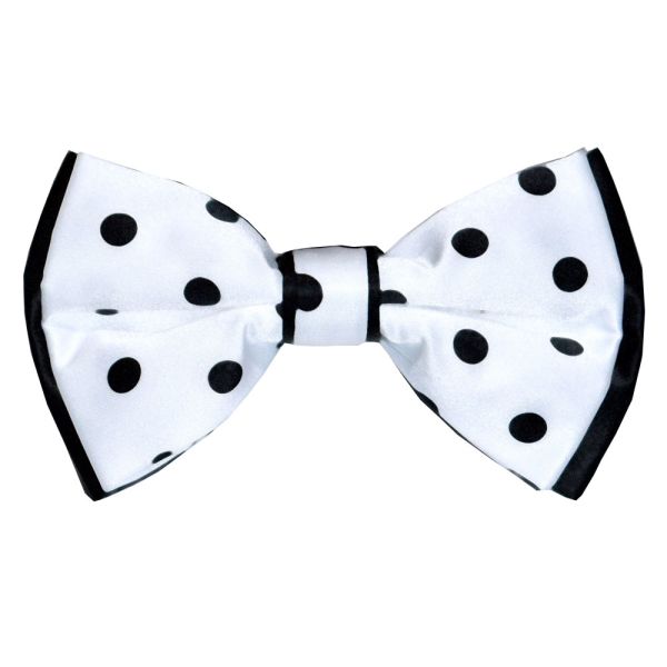 WHITE BOWTIE WITH BLACK POLKA DOT,  PRE-TIED